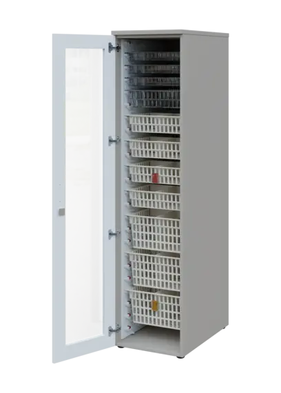 EUROMEDICA S - 46 skříň léková boxová, 1-dveřová/prosklená, levá, 1950x460x735, korpus šedý, dvířka bílá